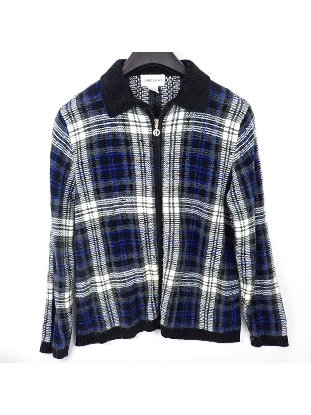 Alfred Dunner Womens Plaid Zip Front Sweater Jacket Blue Size Medium
